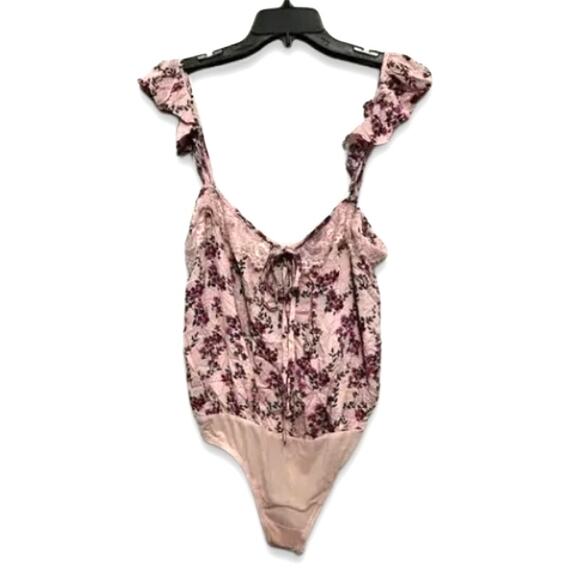 Free People Take It Away Bodysuit Ruffle Sleeve Lace-up Pink Floral W US S NWT - Picture 2 of 10